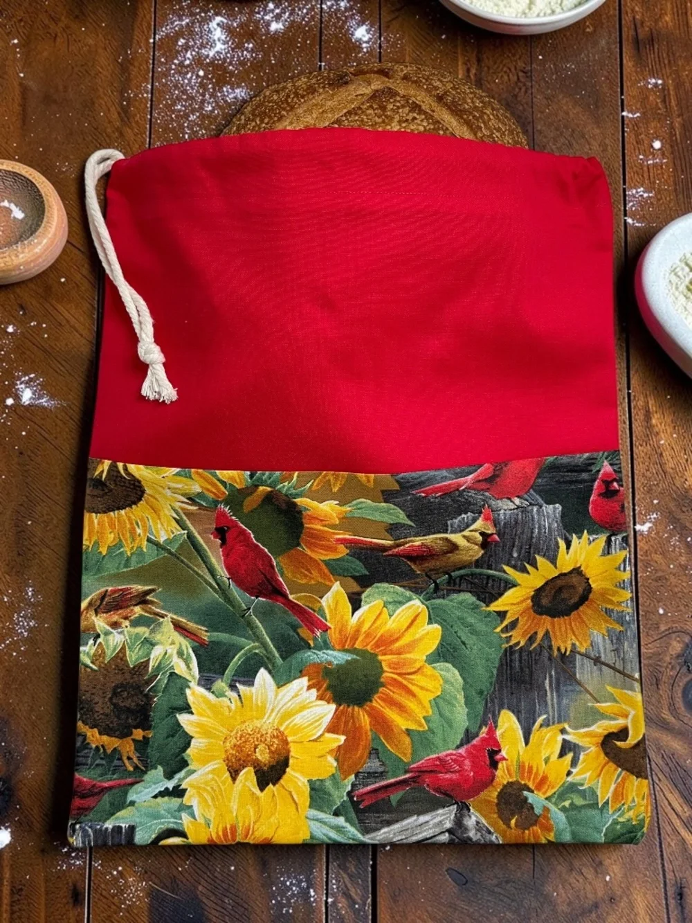 Red Cardinal & Sunflower Cotton Bread Bag, Reusable Sourdough Bread Keeper